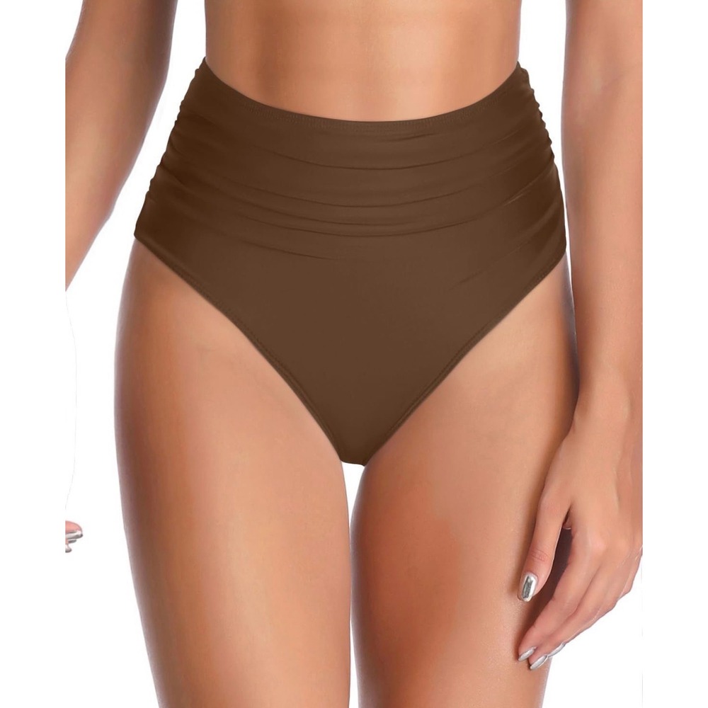 Tempt Me Womens High Waisted Bikini Bottom‎ Ruched Tummy Control Brown Large